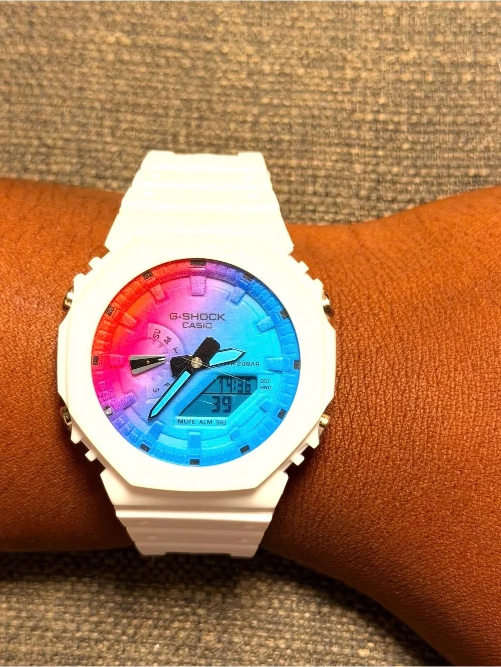 G-Shock White Watch with Pink and Blue Gradient Dial